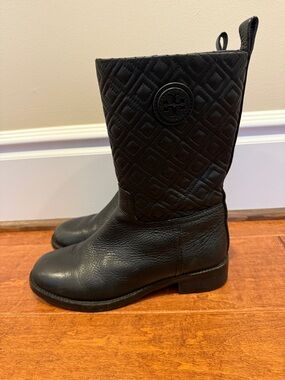 Tory Burch Black Quilted Leather Mid-Calf Boots with Logo Medallion
